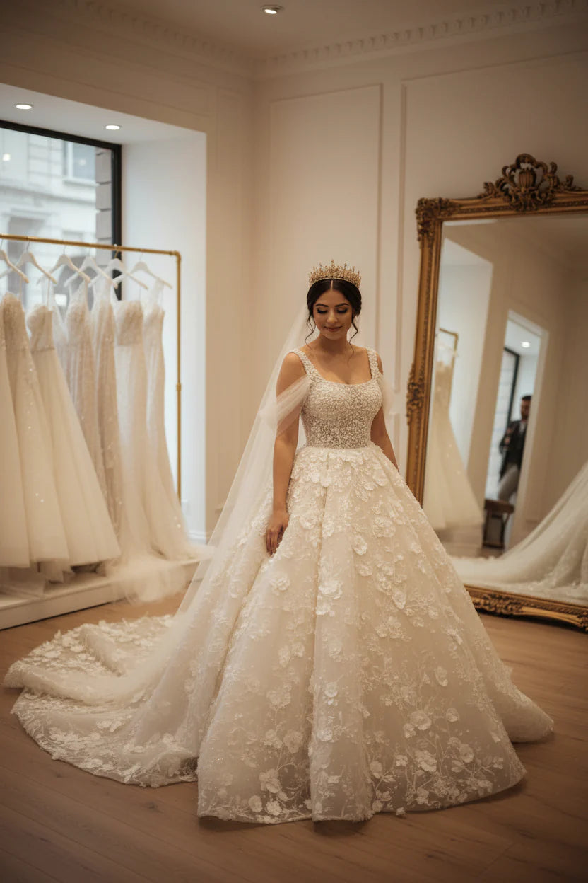 G21-030 Weiß Elfenbein Prinzessin Spitze Brautkleid — Vollständige Vorderansicht