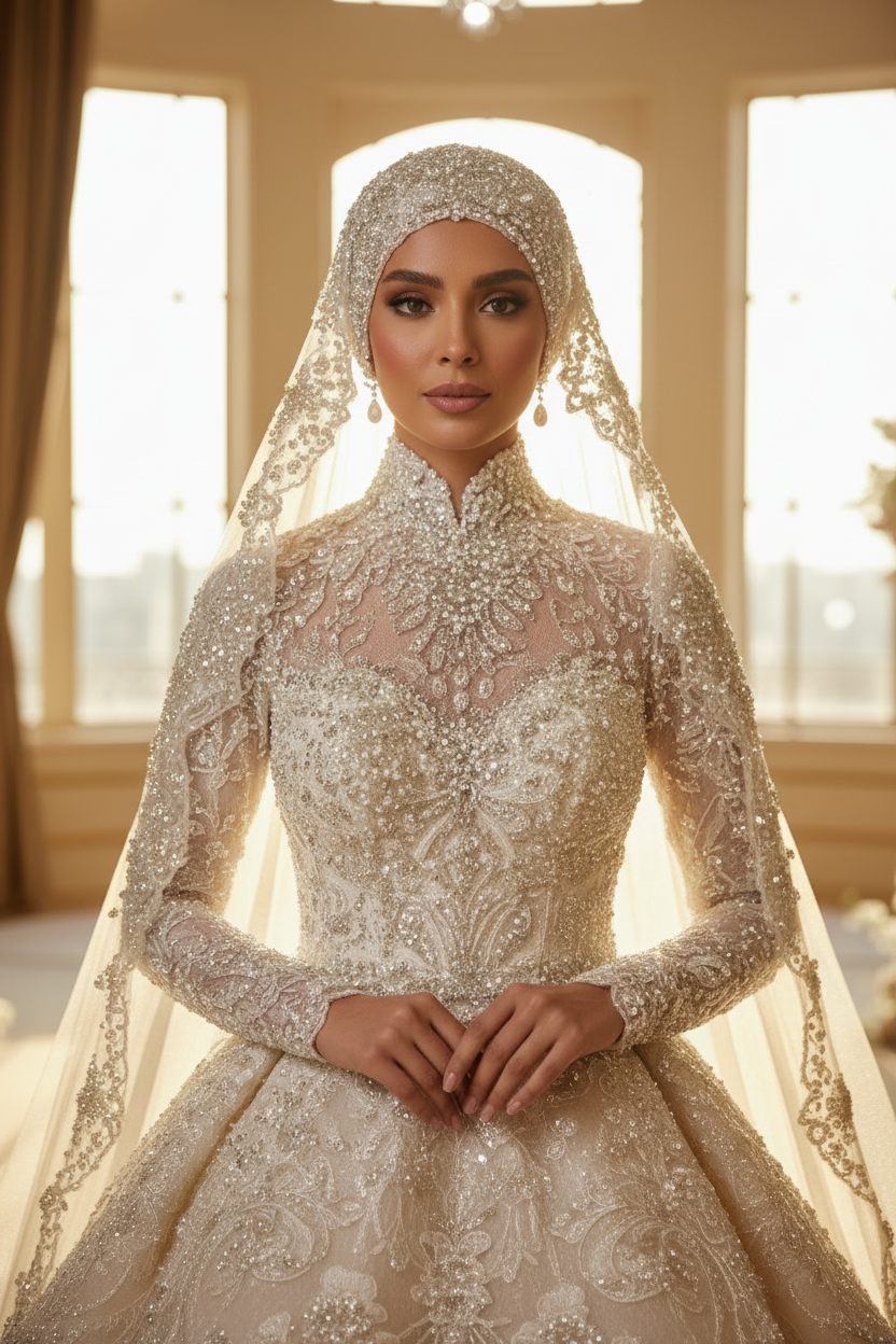 G21-008 Royales bedecktes Couture-Brautkleid — Detail der Kristallstickerei am oberen Oberteil