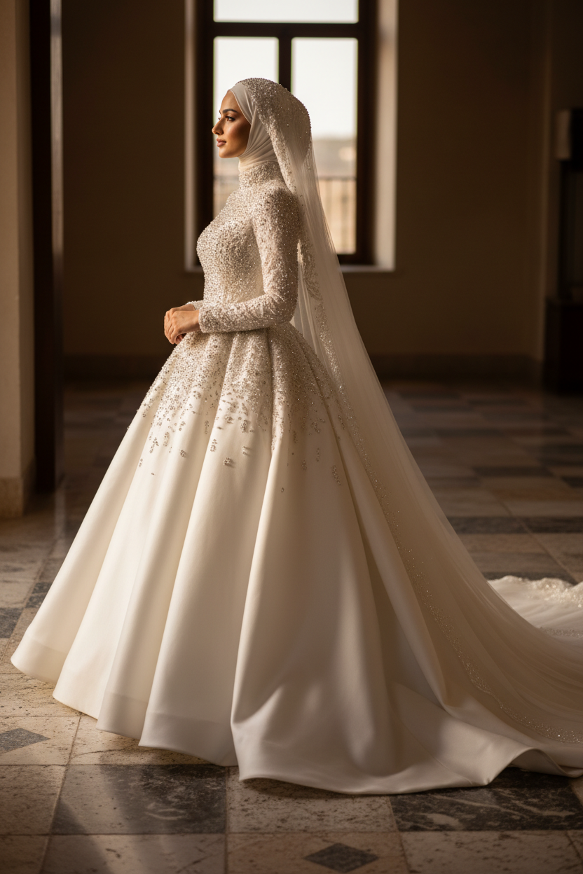 G21-016 bedeckte Couture Prinzessinnen-Ballkleid — Seitenprofil mit Hijab