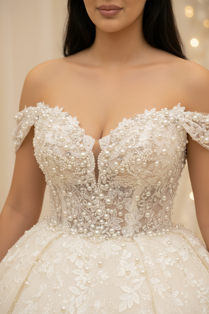 G21-001 Cremeweiß-elfenbeinfarbenes Prinzessinnen-Ballkleid — Perlenspitze & Kristallperlen-Detail