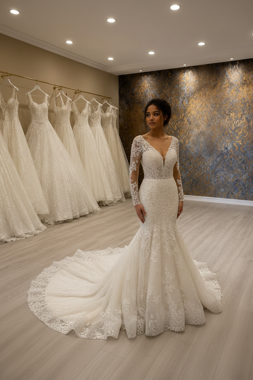 G21-010 Elfenbeinfarbenes Meerjungfrau Fit-and-Flare Brautkleid — Hauptansicht im Shop