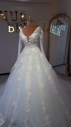 G21-032A - Elfenbein Spitze Prinzessinnen-Ballkleid Brautkleid - GELİNLİK21