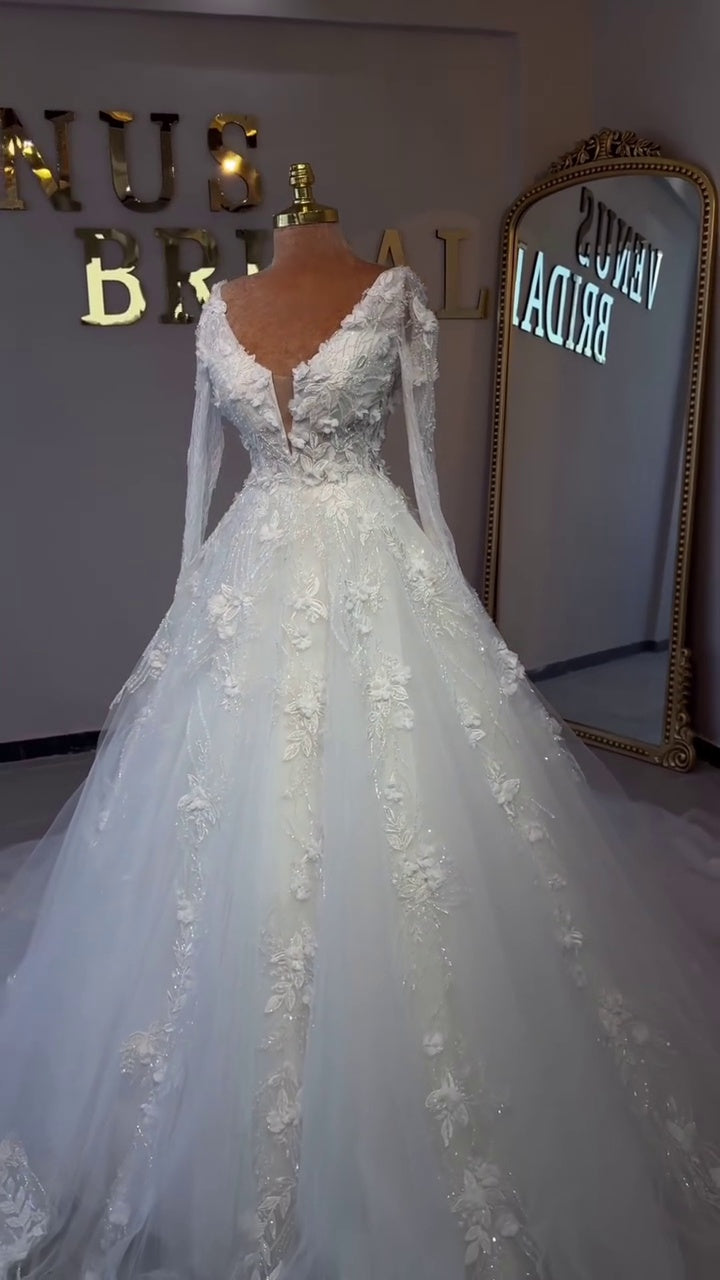 G21-032A - Elfenbein Spitze Prinzessinnen-Ballkleid Brautkleid - GELİNLİK21