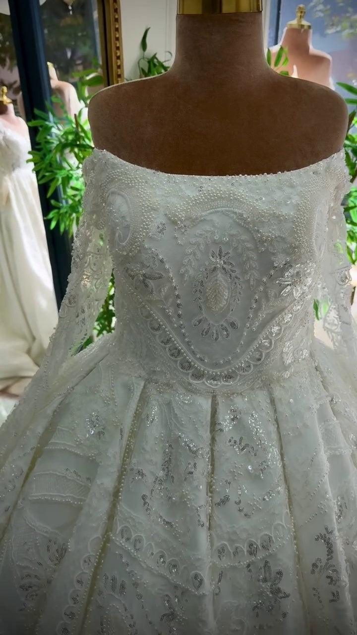 G21-043A - Elfenbein Spitze Prinzessinnen-Ballkleid Brautkleid - GELİNLİK21