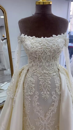G21-050A - Elfenbein Spitze Prinzessinnen-Ballkleid Brautkleid - GELİNLİK21