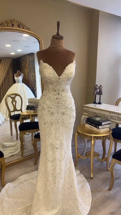 G21-064A - Champagner Spitze Prinzessinnen-Ballkleid Brautkleid - GELİNLİK21