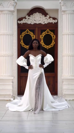 G21-066A - Elfenbein Kristall Beaded Prinzessinnen-Ballkleid Brautkleid - GELİNLİK21