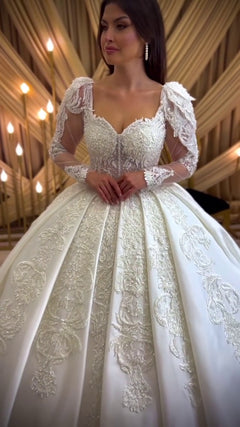 G21-078A - Champagner Perlenspitze Prinzessinnen-Ballkleid Brautkleid - GELİNLİK21