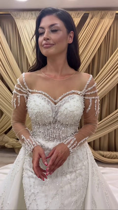G21-085A - Elfenbein Perlenspitze Prinzessinnen-Ballkleid Brautkleid - GELİNLİK21