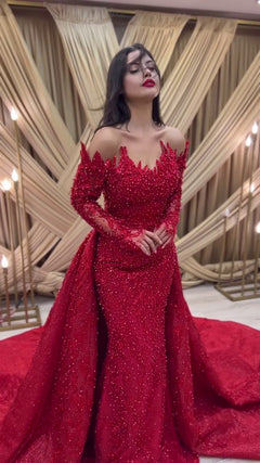 G21-090A - Karmesinrot Perlenspitze Prinzessinnen-Ballkleid Brautkleid - GELİNLİK21