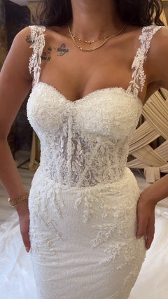 G21-091A - Elfenbein Perlenspitze Prinzessinnen-Ballkleid Brautkleid - GELİNLİK21