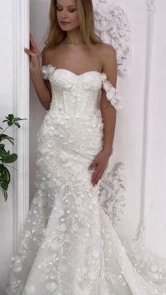 G21-094A - Elfenbein Perlenspitze Prinzessinnen-Ballkleid Brautkleid - GELİNLİK21