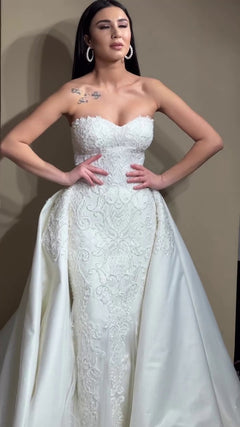 G21-100A - Elfenbein Perlenspitze Prinzessinnen-Ballkleid Brautkleid - GELİNLİK21