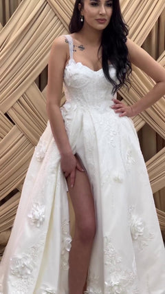 G21-101A - Elfenbein Perlenspitze Prinzessinnen-Ballkleid Brautkleid - GELİNLİK21
