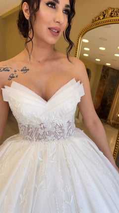 G21-102A - Elfenbein Perlenspitze Prinzessinnen-Ballkleid Brautkleid - GELİNLİK21