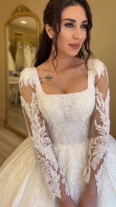 G21-104A - Elfenbein Perlenspitze Prinzessinnen-Ballkleid Brautkleid - GELİNLİK21