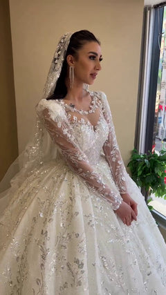 G21-106A - Elfenbein Perlenspitze Prinzessinnen-Ballkleid Brautkleid - GELİNLİK21