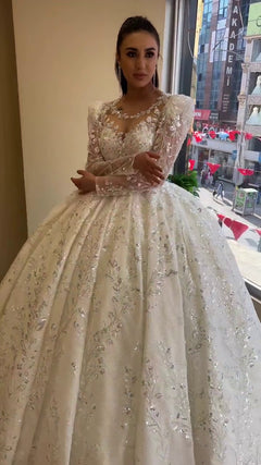 G21-110A - Elfenbein Perlenspitze Prinzessinnen-Ballkleid Brautkleid - GELİNLİK21