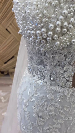 G21-116A - Soft Elfenbein Perlenspitze Prinzessinnen-Ballkleid Brautkleid - GELİNLİK21