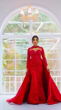 G21-118A - Karmesinrot Perlenspitze Prinzessinnen-Ballkleid Brautkleid - GELİNLİK21