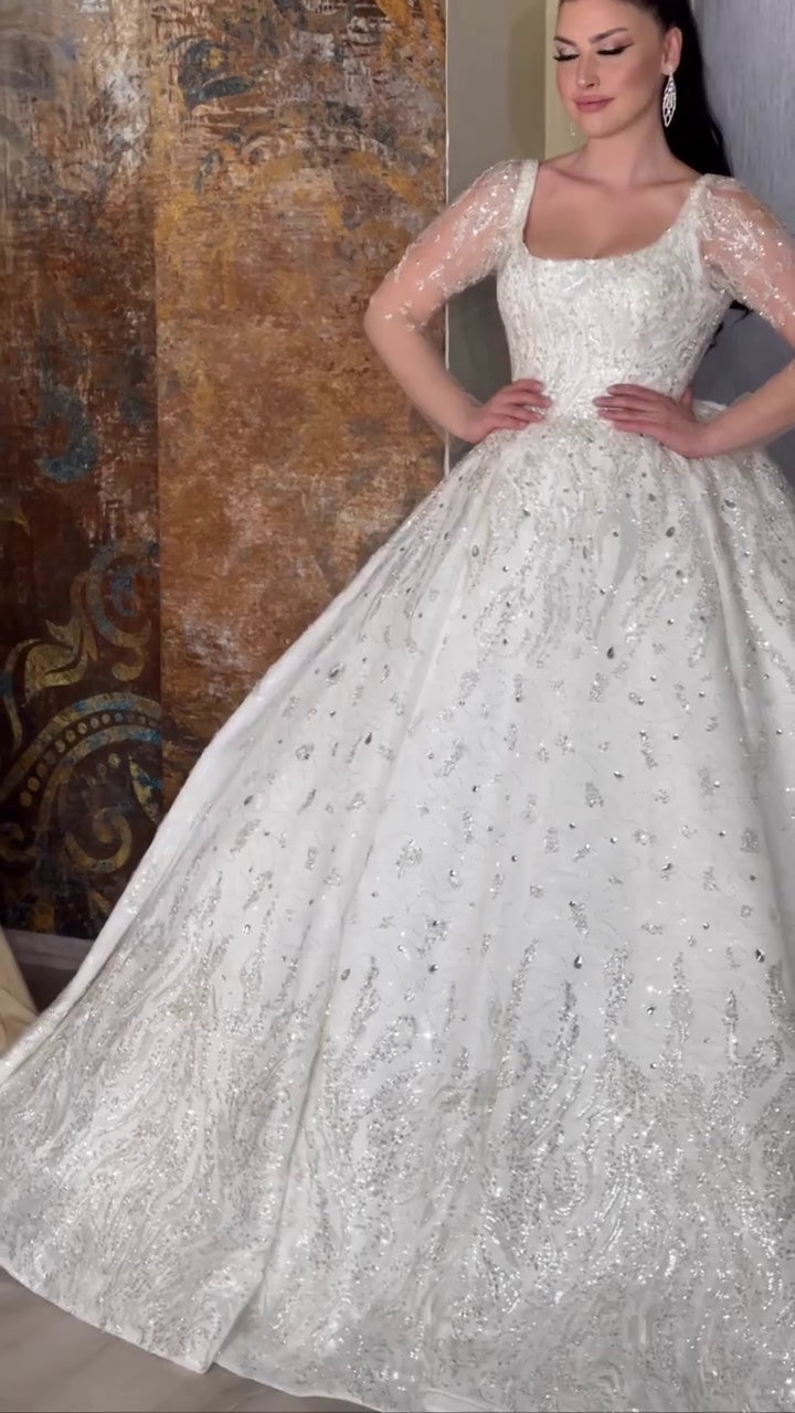 G21-120A - Elfenbein Perlenspitze Prinzessinnen-Ballkleid Brautkleid - GELİNLİK21