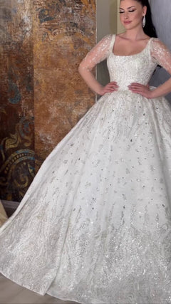 G21-120A - Elfenbein Perlenspitze Prinzessinnen-Ballkleid Brautkleid - GELİNLİK21