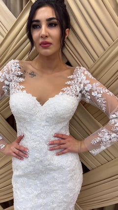 G21-129A - Elfenbein Perlenspitze Prinzessinnen-Ballkleid Brautkleid - GELİNLİK21