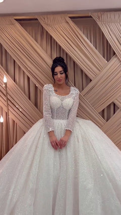 G21-131A - Soft Elfenbein Perlenspitze Prinzessinnen-Ballkleid Brautkleid - GELİNLİK21