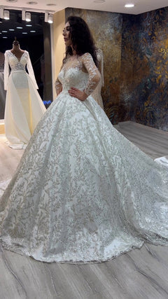 G21-135A - Soft Elfenbein Perlenspitze Prinzessinnen-Ballkleid Brautkleid - GELİNLİK21