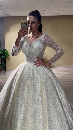 G21-137A - Soft Elfenbein Perlenspitze Prinzessinnen-Ballkleid Brautkleid - GELİNLİK21