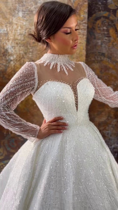 G21-140A - Soft Elfenbein Perlenspitze Prinzessinnen-Ballkleid Brautkleid - GELİNLİK21