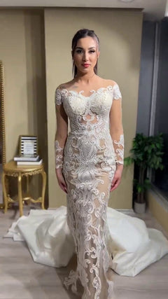 G21-148A - Elfenbein Perlenspitze Prinzessinnen-Ballkleid Brautkleid - GELİNLİK21