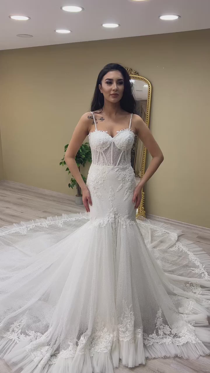 G21-115A - Elfenbein Perlenspitze Prinzessinnen-Ballkleid Brautkleid