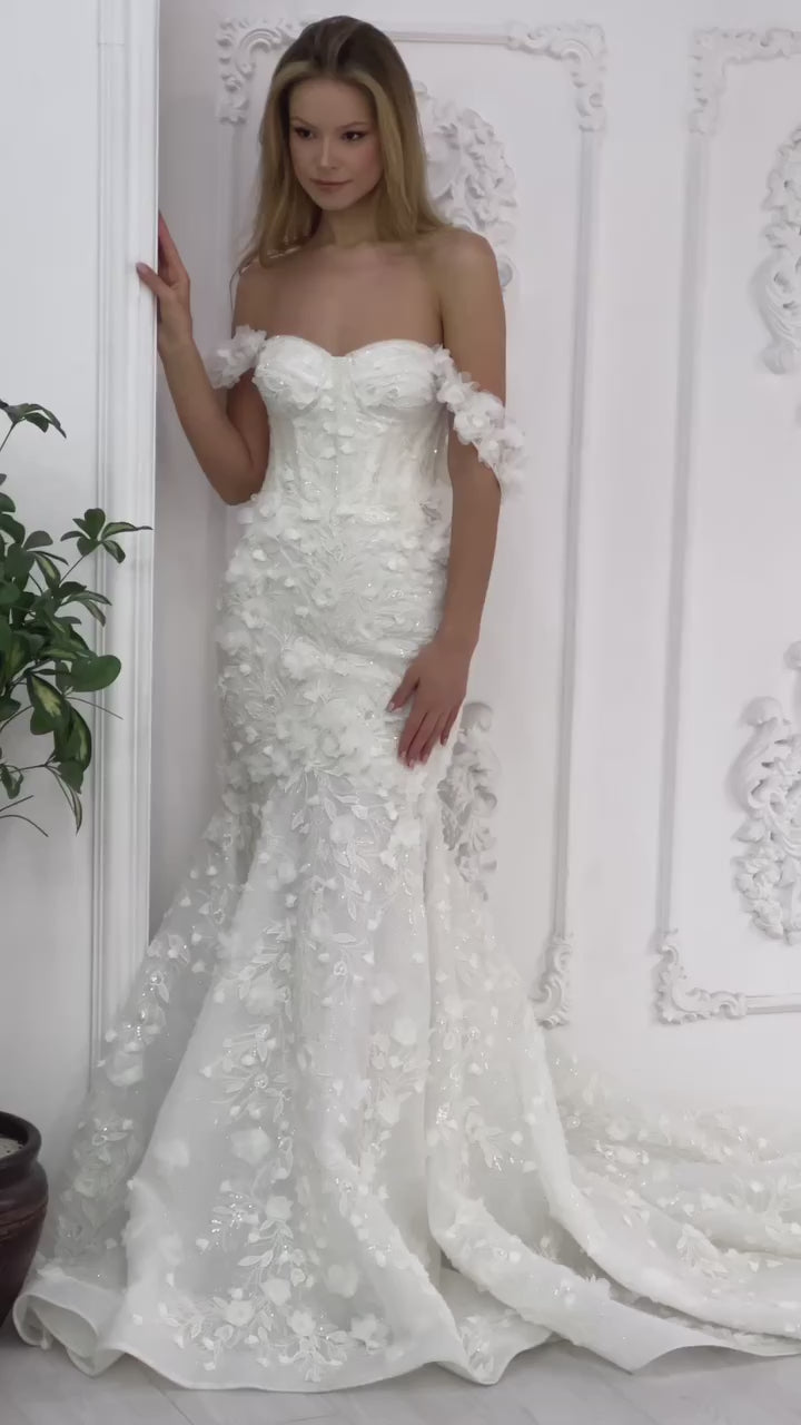 G21-094A - Elfenbein Perlenspitze Prinzessinnen-Ballkleid Brautkleid