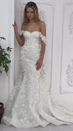 G21-094A - Elfenbein Perlenspitze Prinzessinnen-Ballkleid Brautkleid