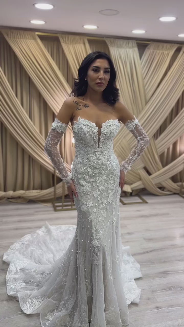 G21-081A - Champagner Perlenspitze Prinzessinnen-Ballkleid Brautkleid