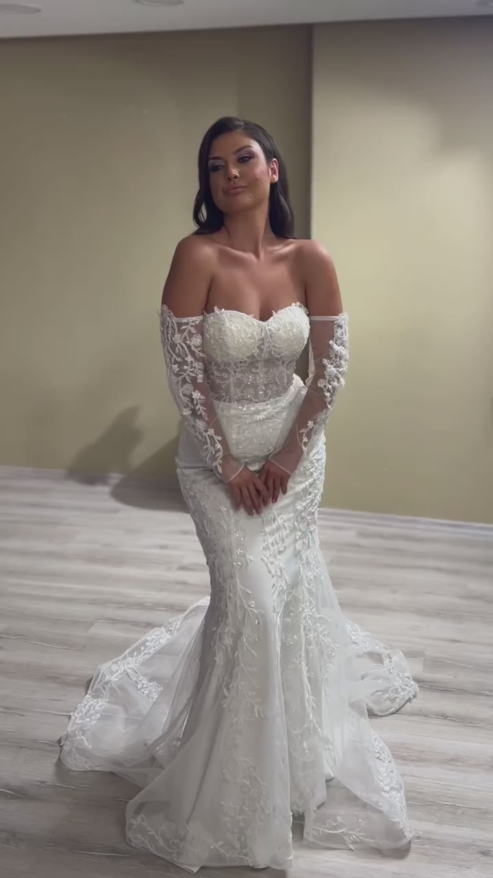 G21-088A - Soft Elfenbein Perlenspitze Prinzessinnen-Ballkleid Brautkleid